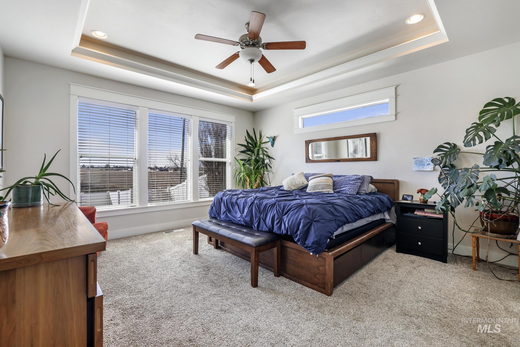Bedroom featuring light colored carpet, a tray ceiling, and a ceiling fan