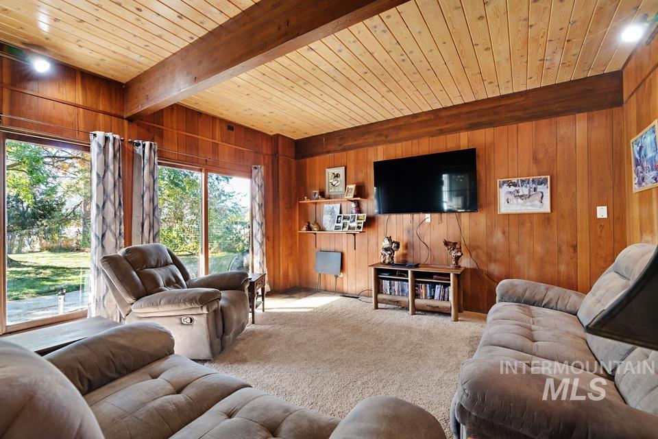 Living area with wooden walls, carpet floors, and a wooden ceiling with exposed beams