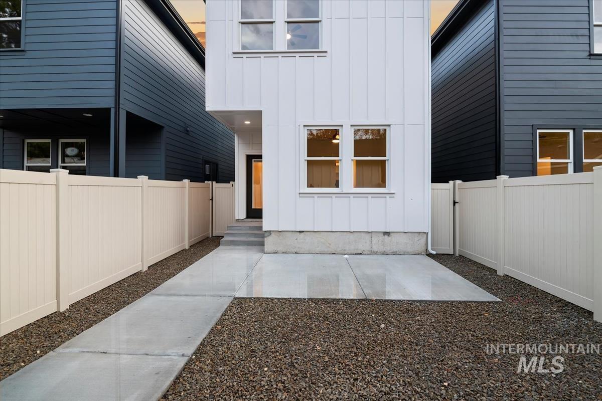 Entrance to property featuring board and batten siding