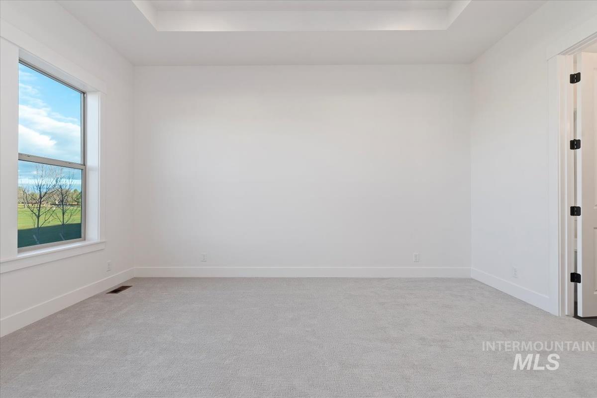 Spare room featuring a tray ceiling and light colored carpet