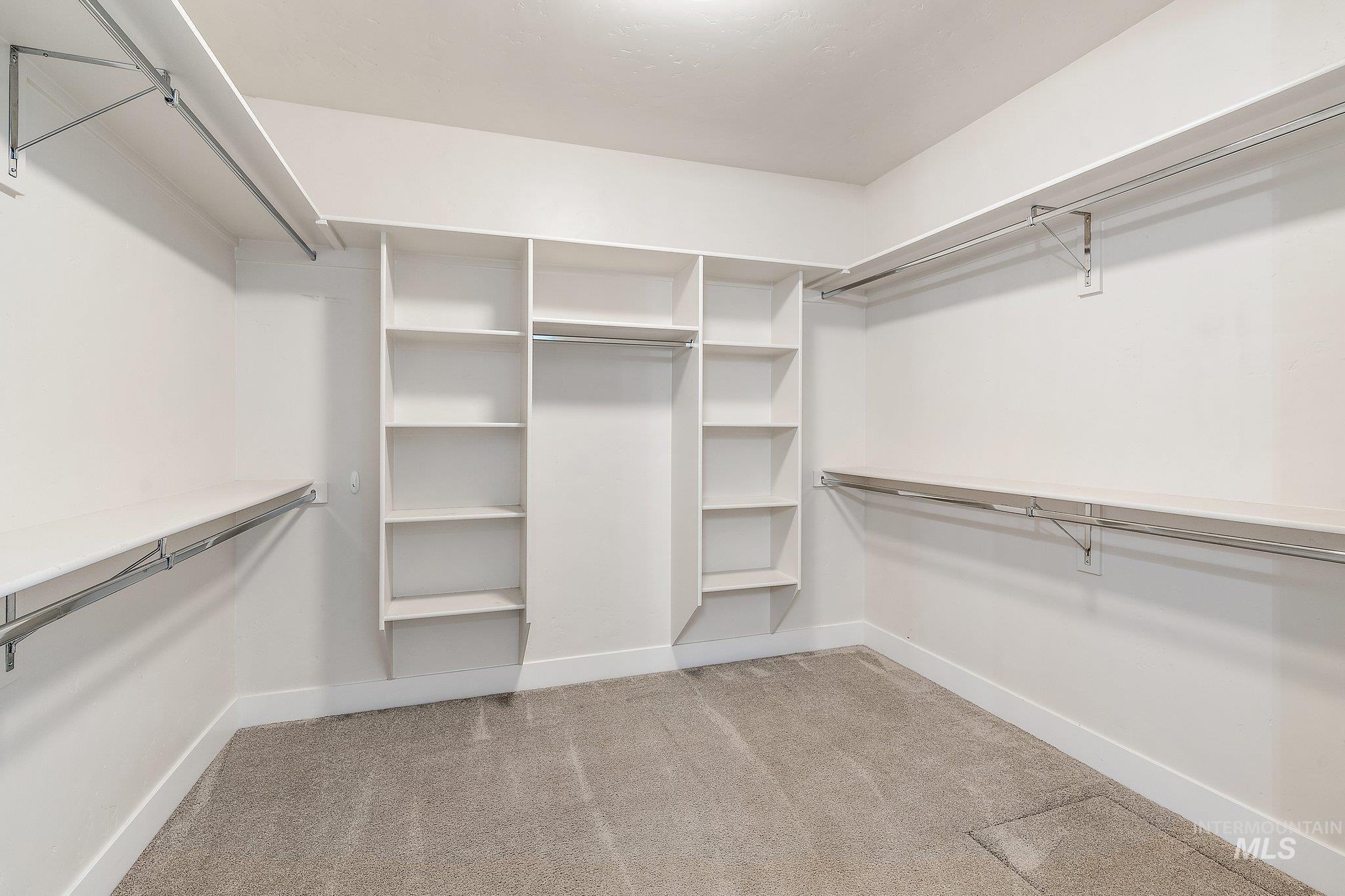 Walk in closet featuring light colored carpet
