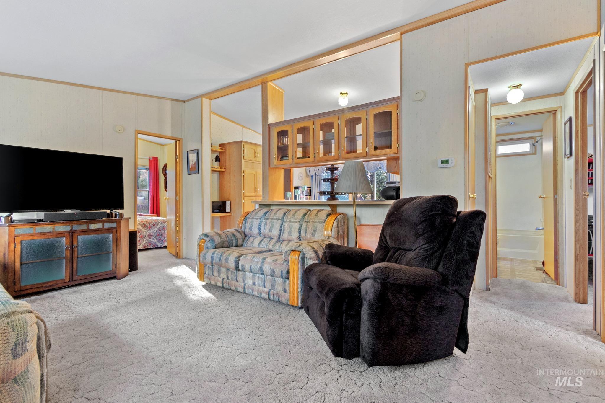 Living area featuring light colored carpet