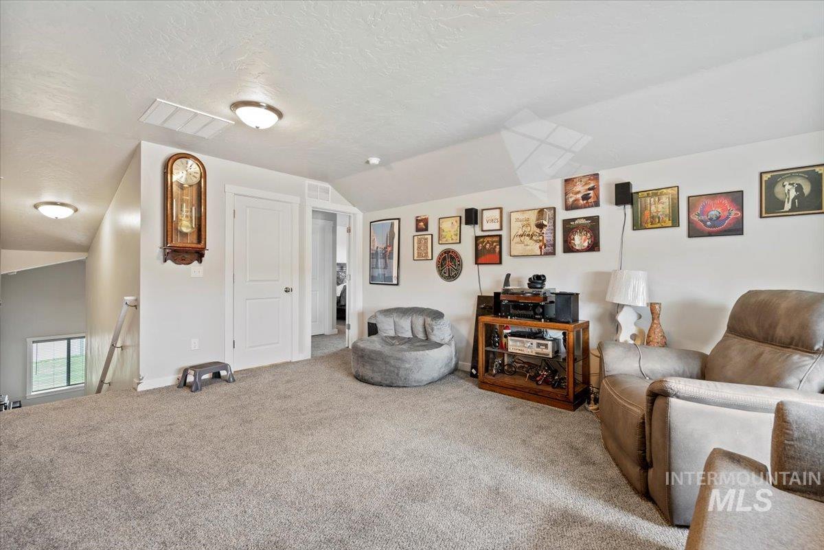 Living area featuring vaulted ceiling, carpet floors, and a textured ceiling