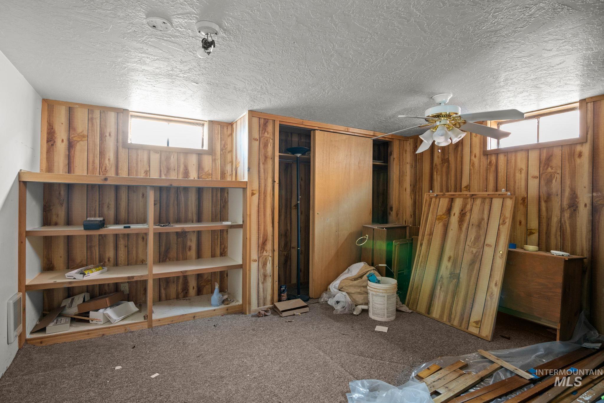 Below grade area with wood walls, a textured ceiling, and carpet flooring