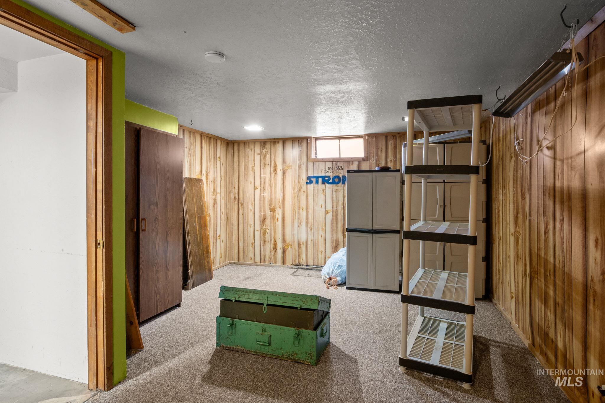 Basement with wood walls, a textured ceiling, and light colored carpet