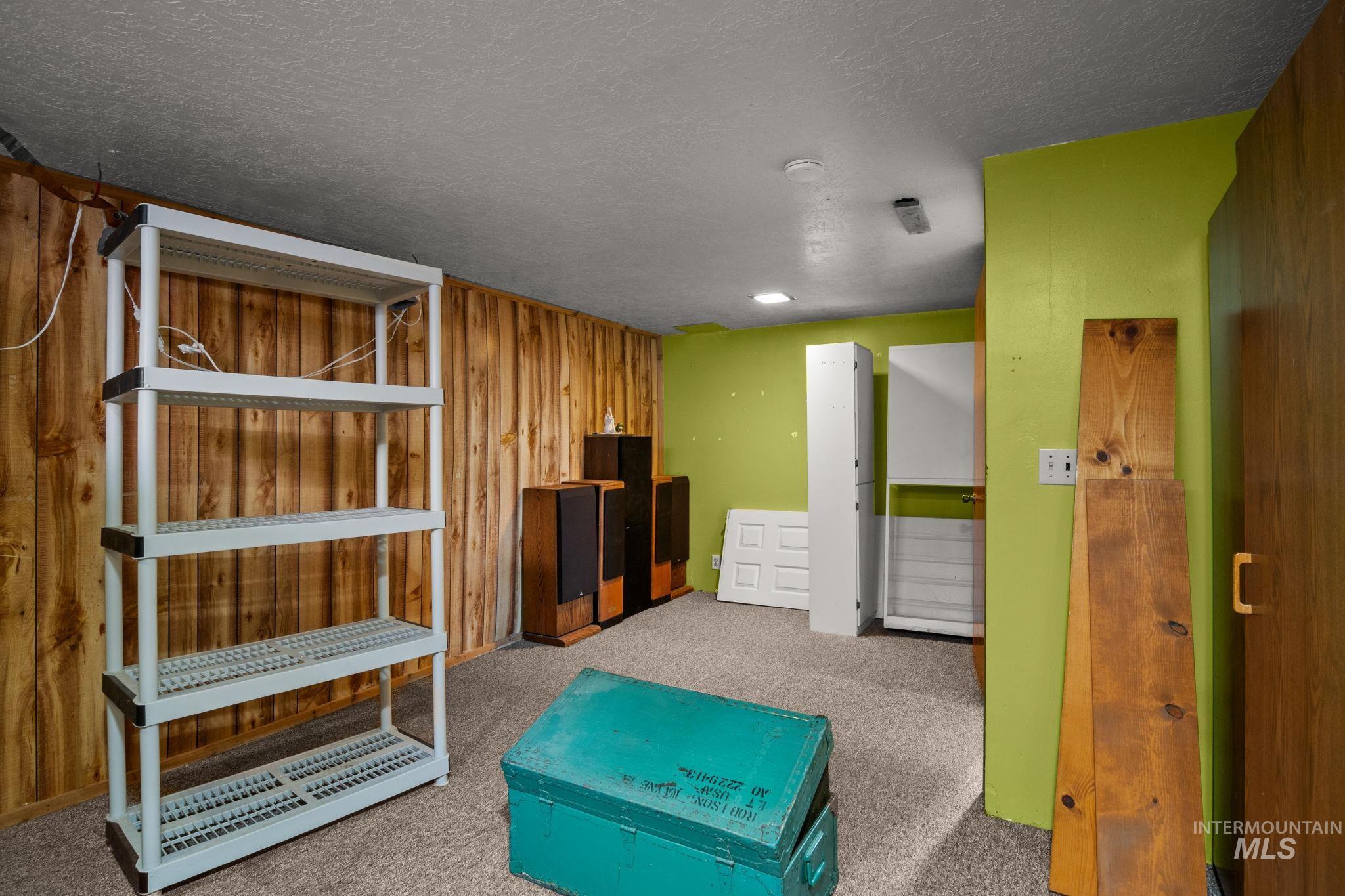 Unfurnished room with wooden walls, a textured ceiling, and carpet flooring
