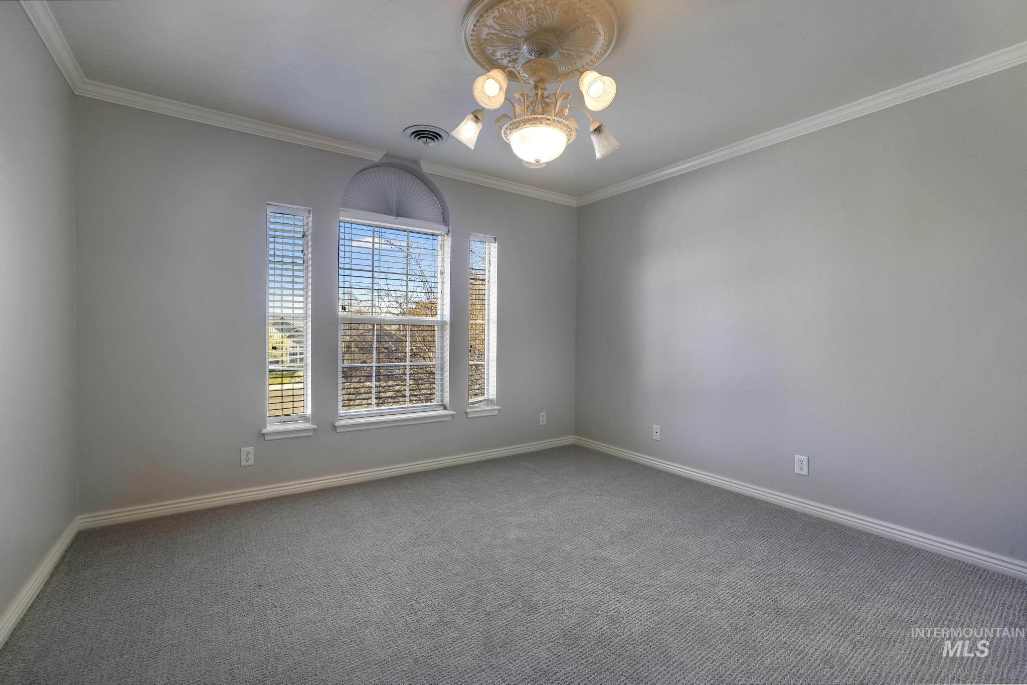 Carpeted spare room with crown molding and baseboards