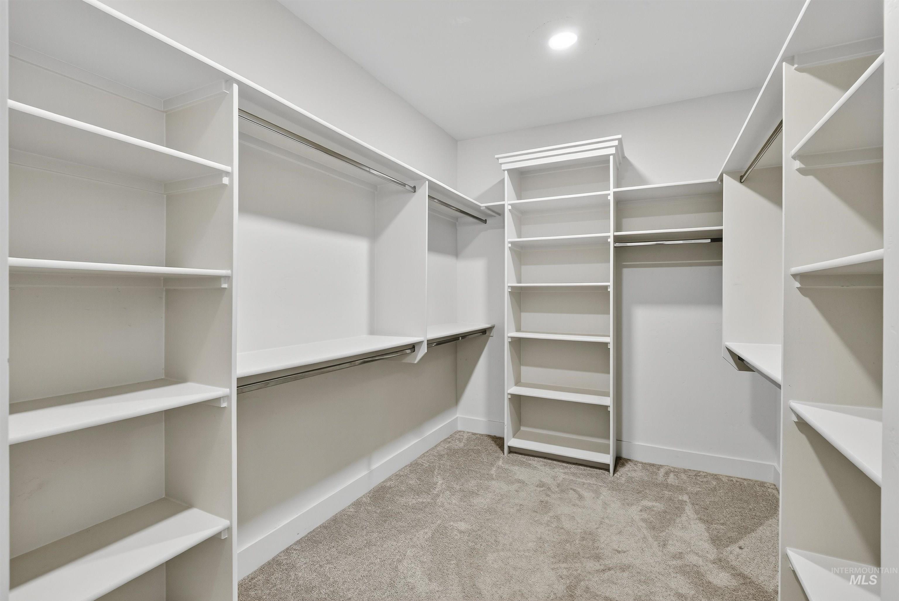 Walk in closet featuring light colored carpet
