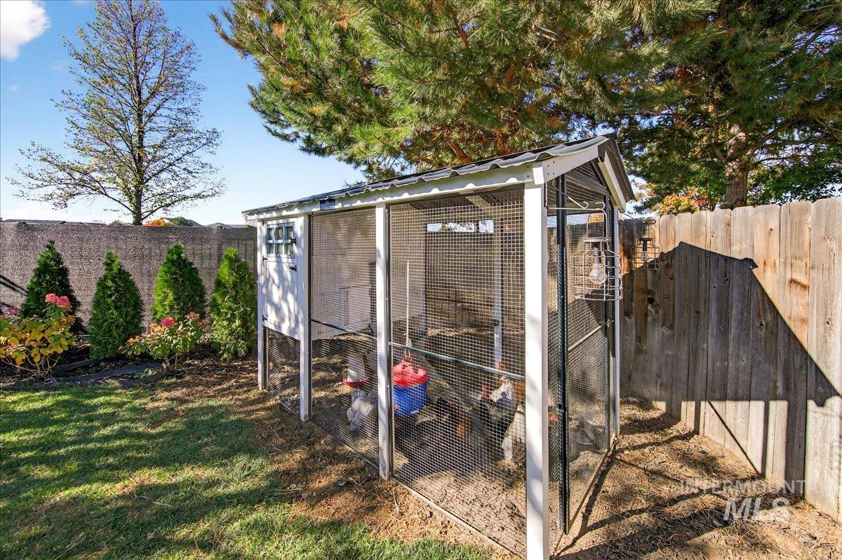 View of poultry coop with a fenced backyard