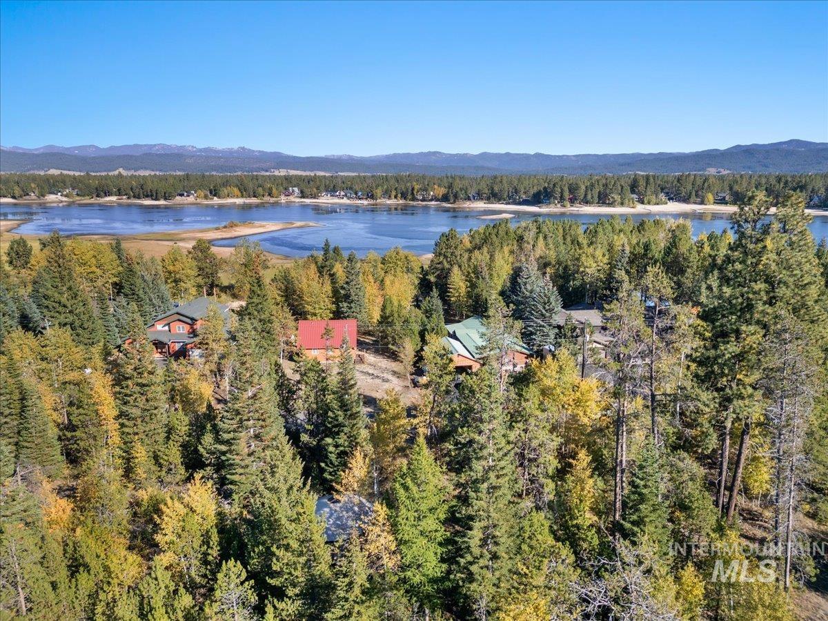 Aerial overview of property's location featuring a heavily wooded area and a water and mountain view
