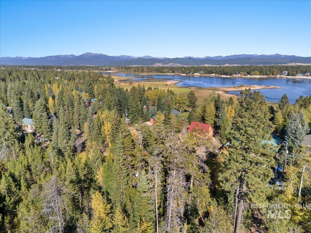 Aerial overview of property's location featuring a water and mountain view and a forest