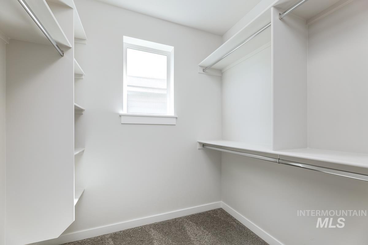 Spacious closet with dark carpet