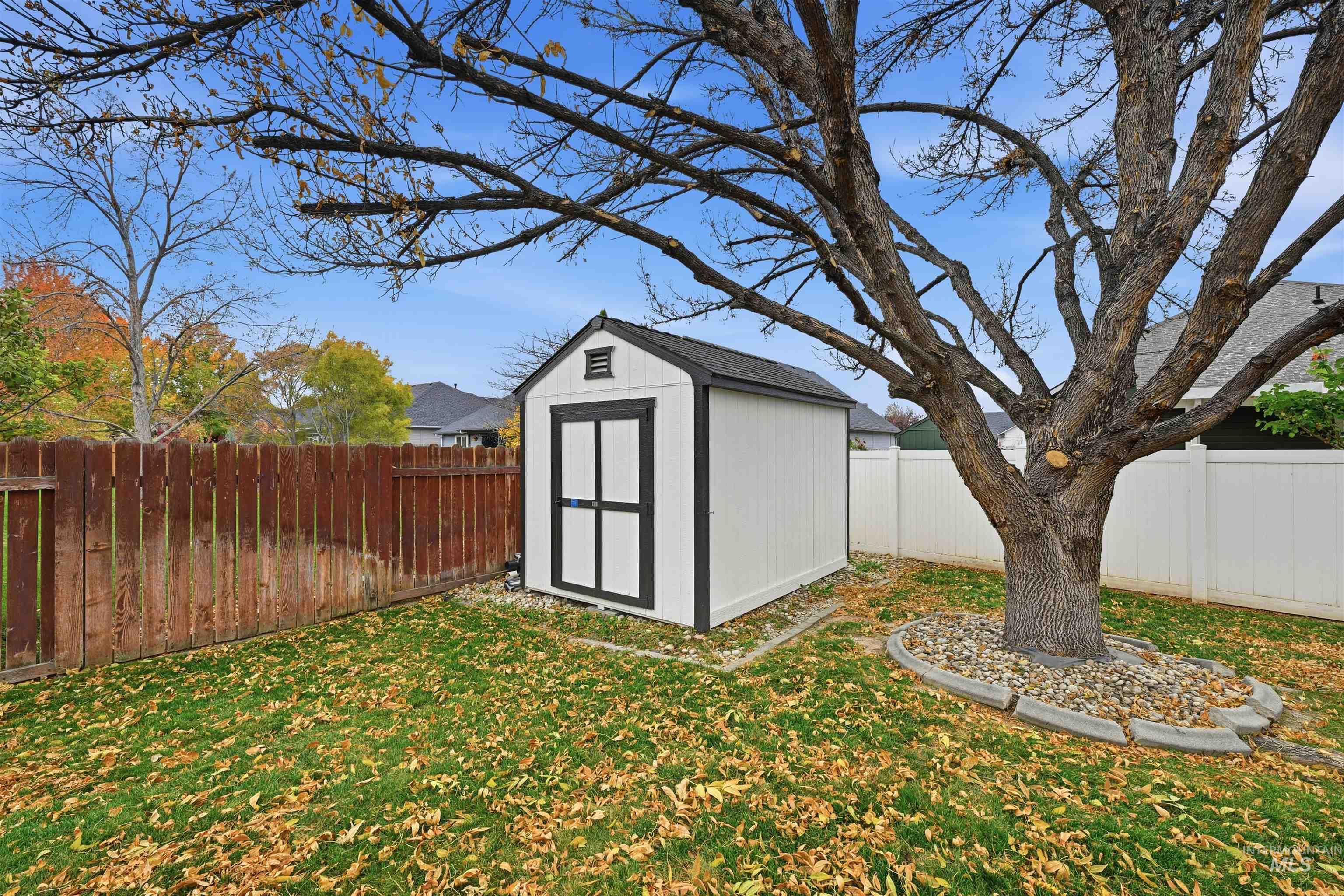 View of shed with a fenced backyard
