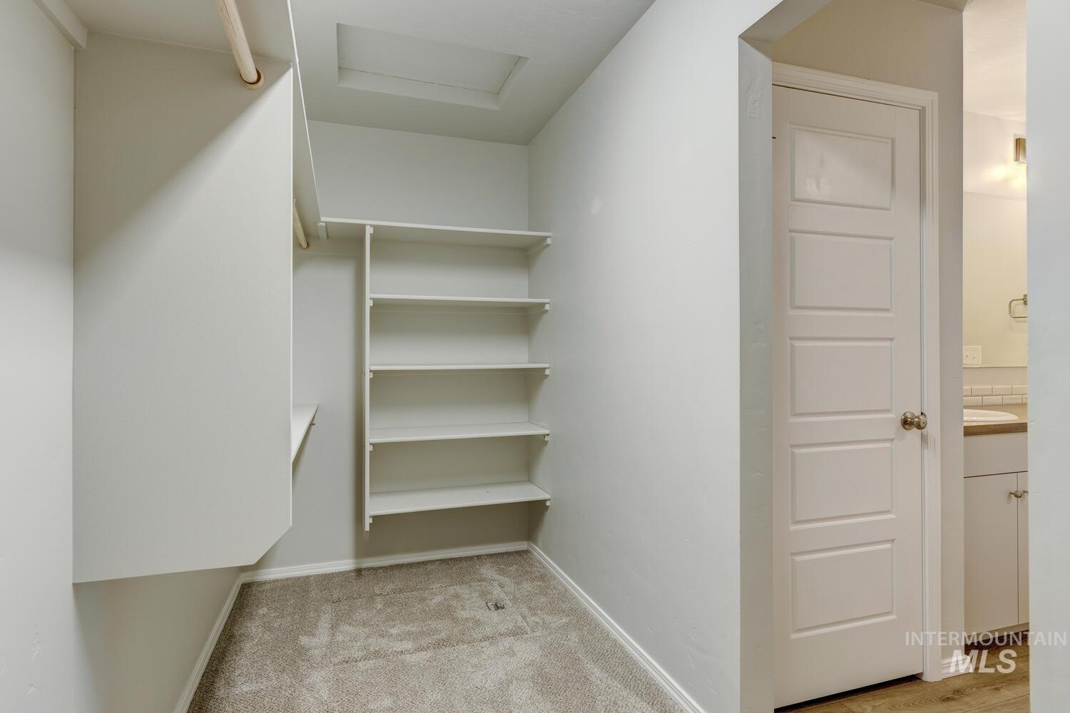 Spacious closet featuring attic access and light colored carpet