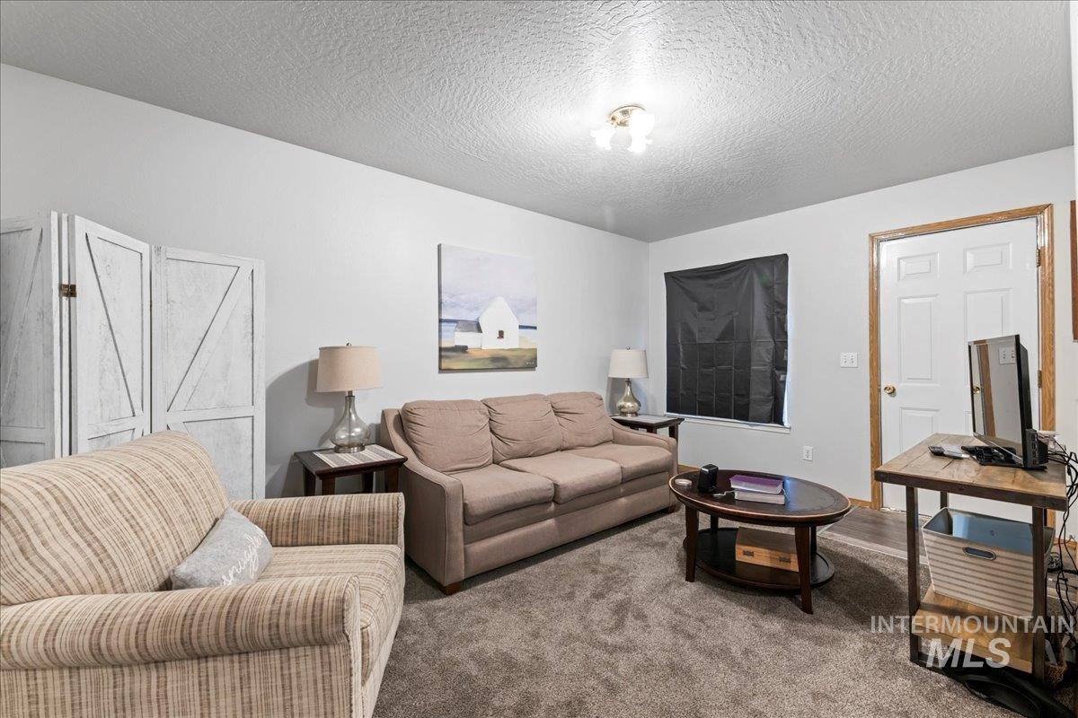 Living room featuring a textured ceiling and carpet