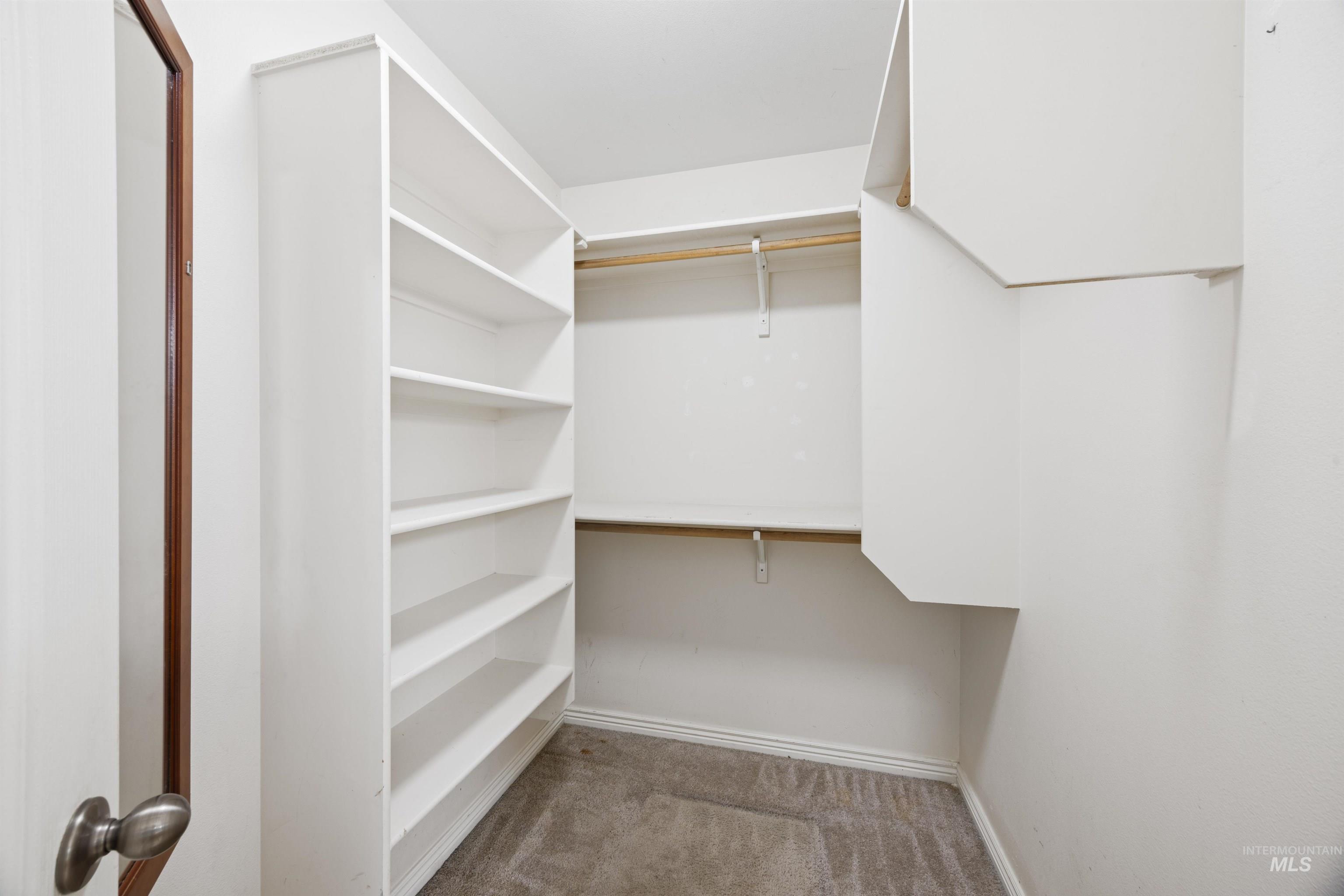 Spacious closet with light carpet