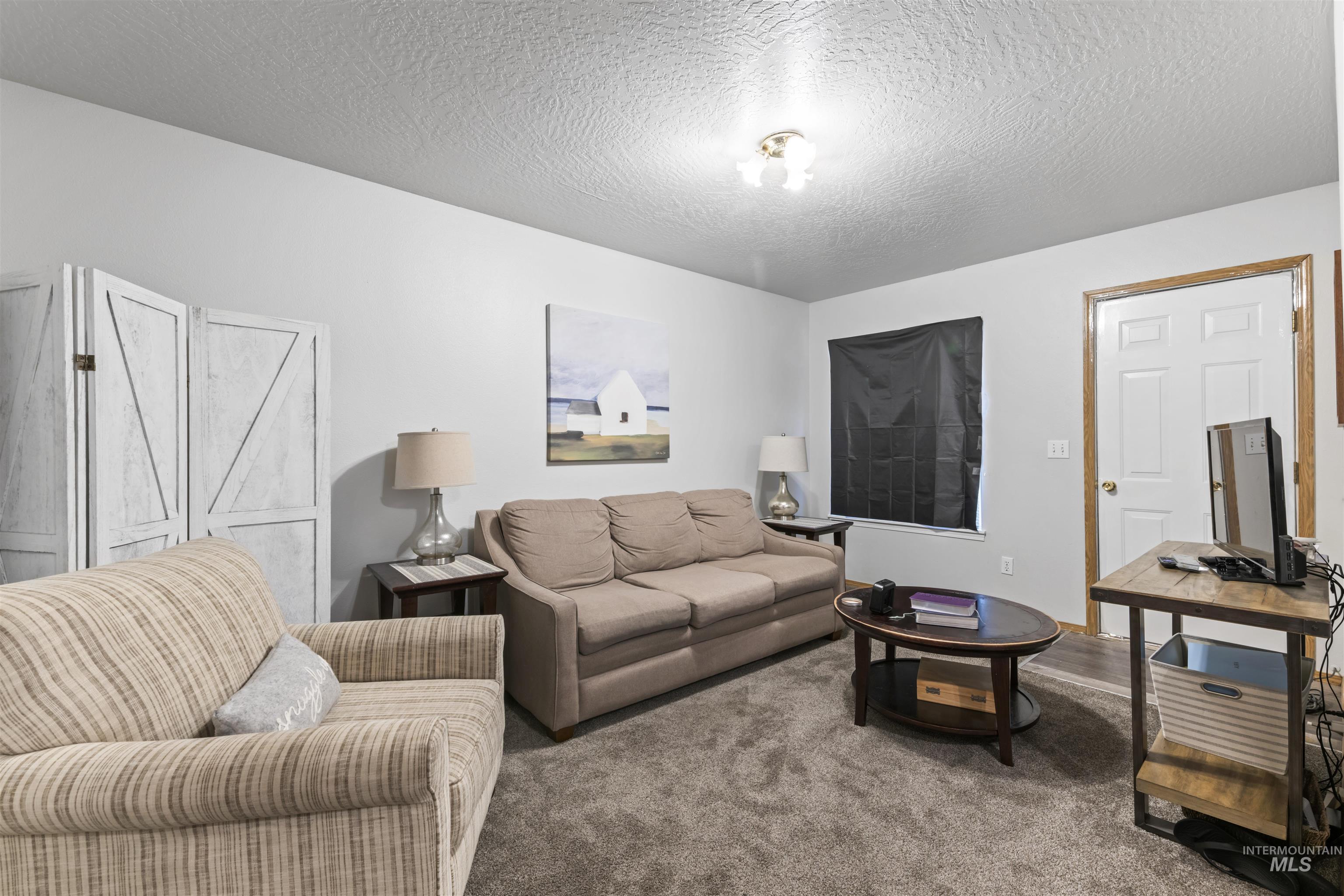 Carpeted living room with a textured ceiling