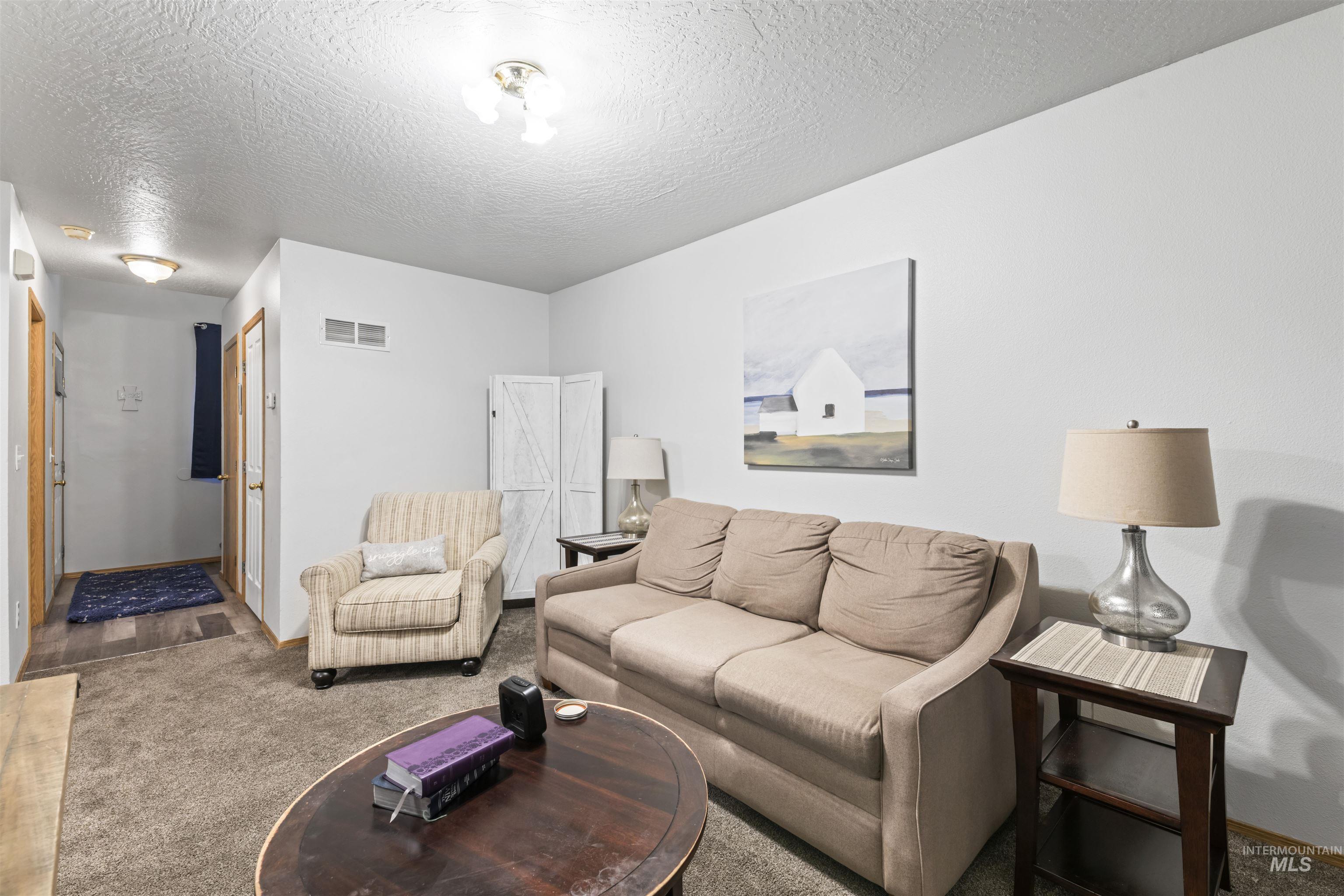 Carpeted living room with a textured ceiling
