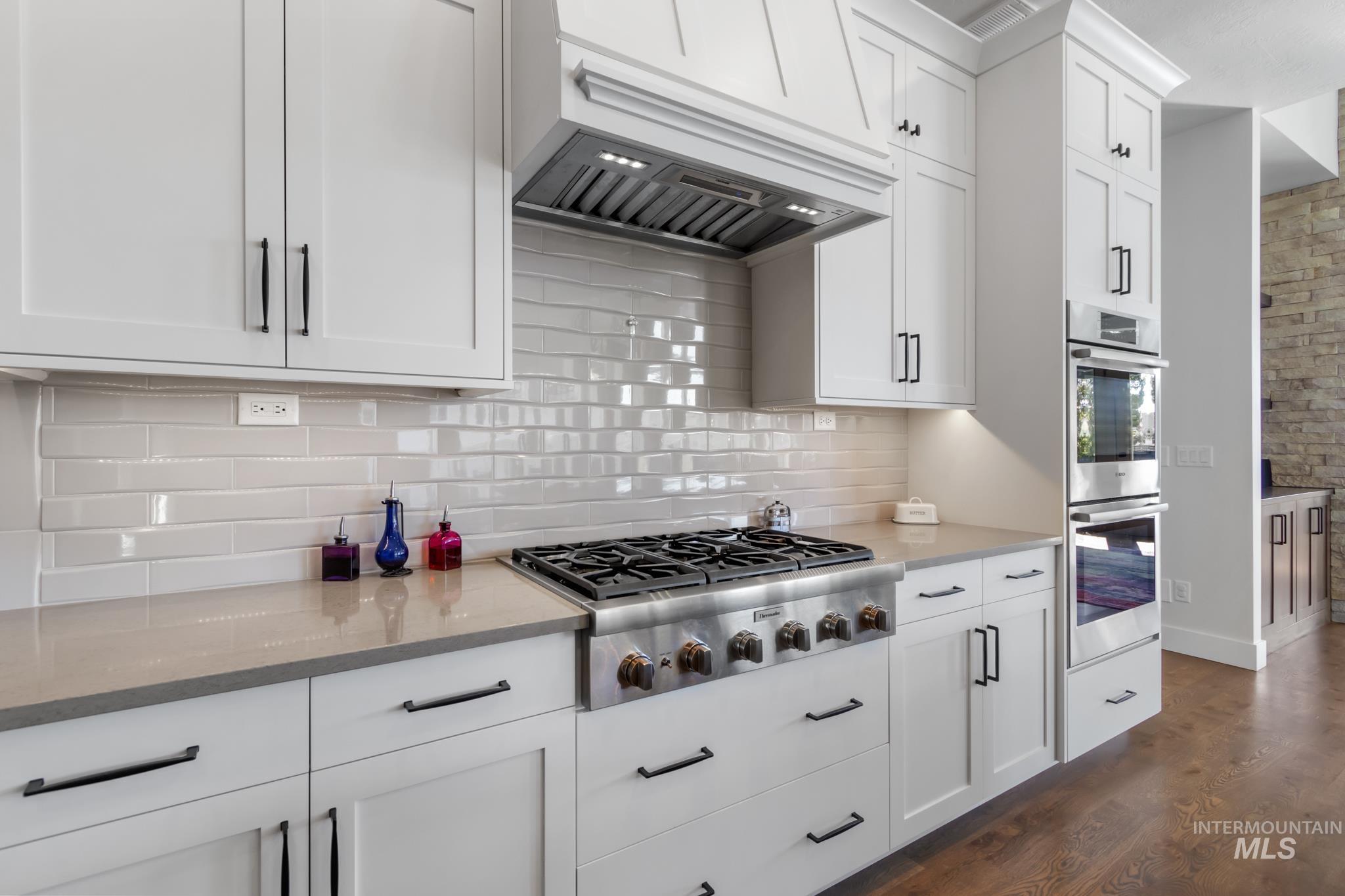 Kitchen with white cabinetry, premium range hood, stainless steel appliances, dark wood finished floors, and backsplash