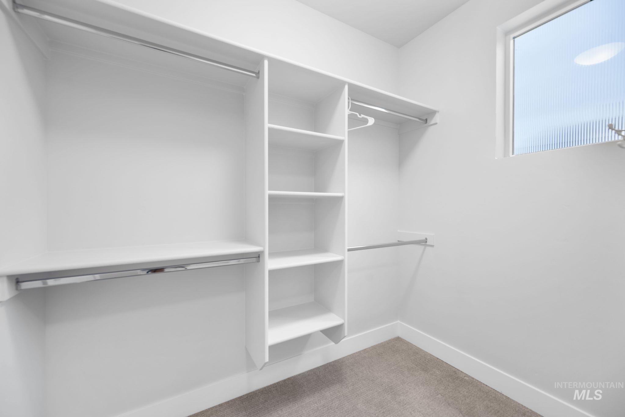 Walk in closet with light carpet