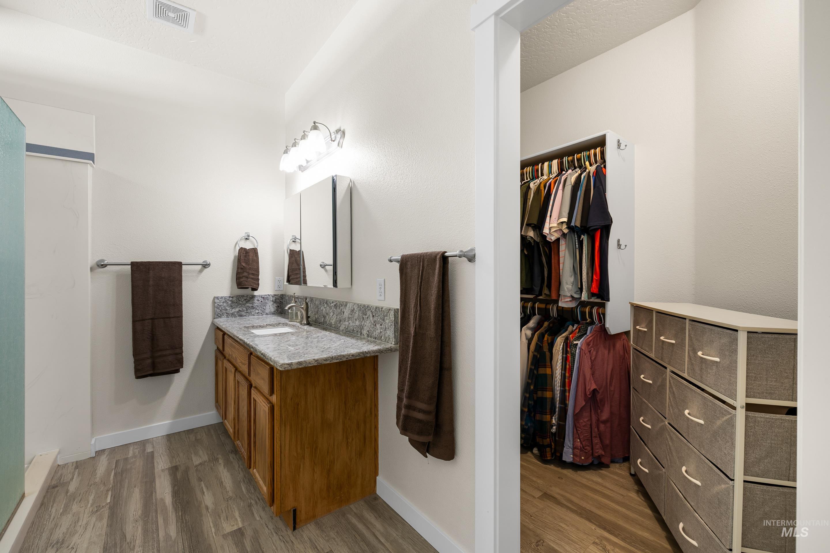 Full bath featuring light wood-style floors, vanity, a spacious closet, and a shower stall