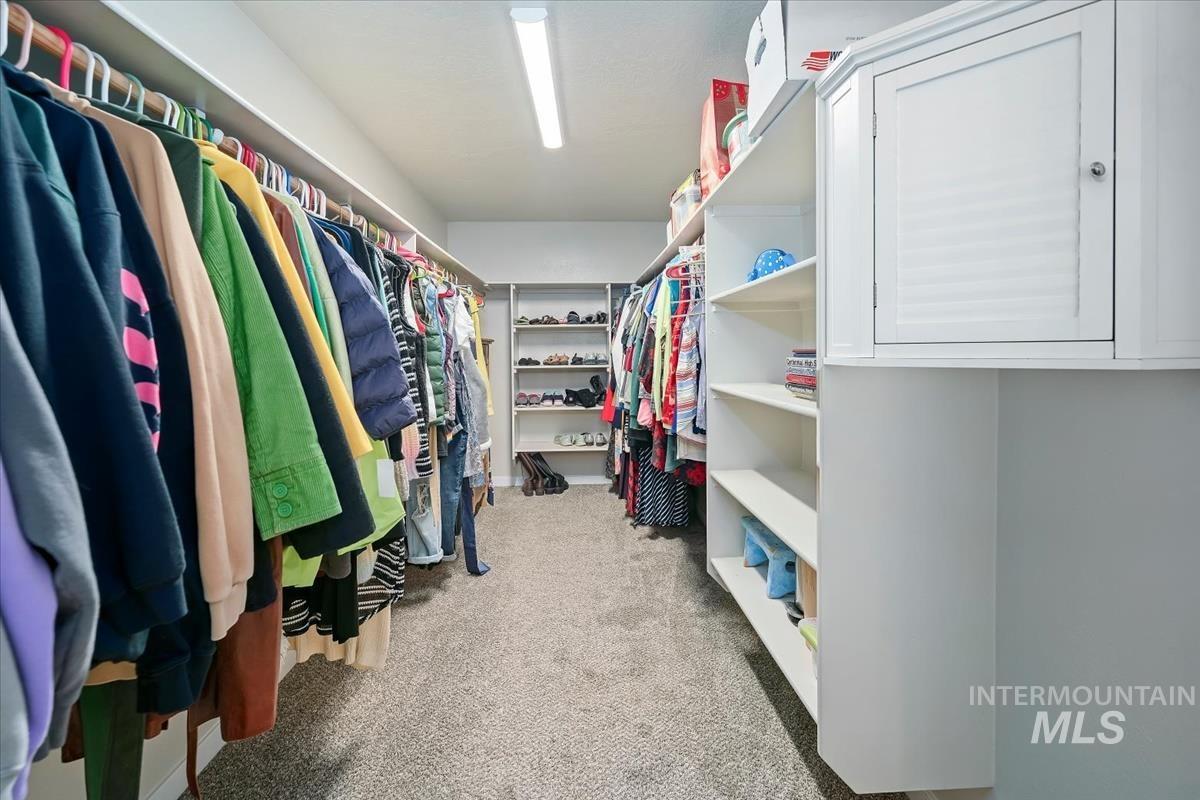 Walk in closet featuring light carpet