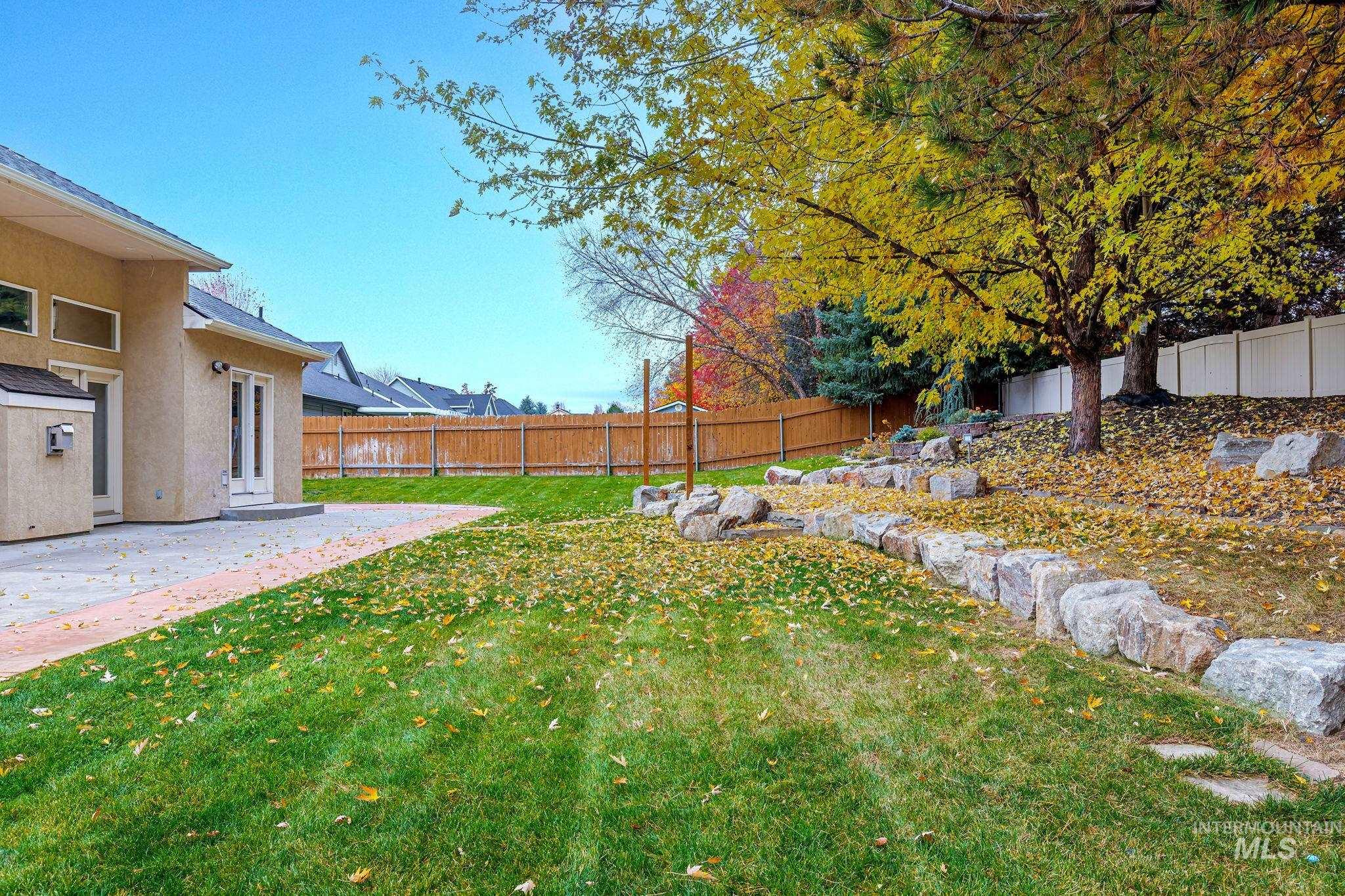 Fenced backyard with a patio