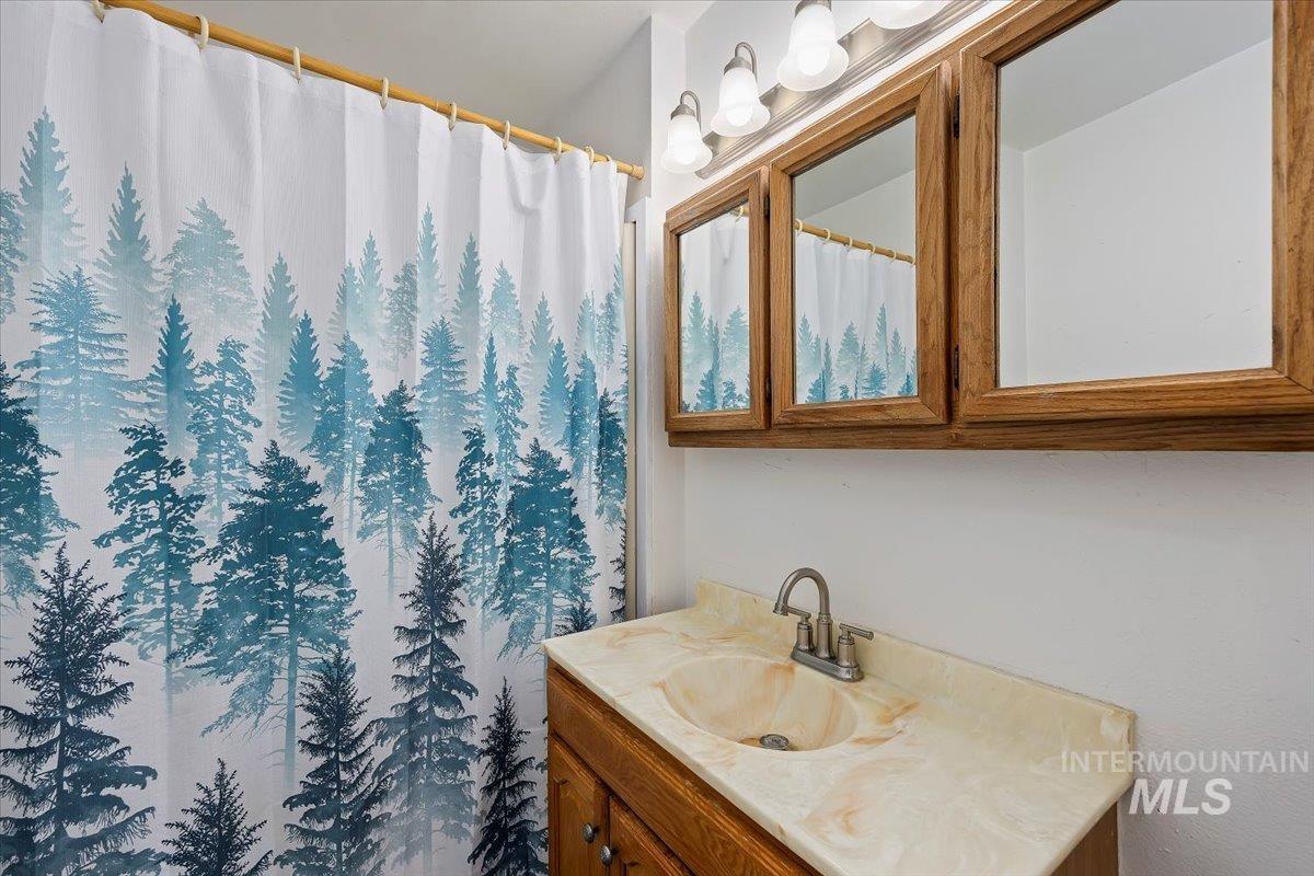 Bathroom with vanity and curtained shower