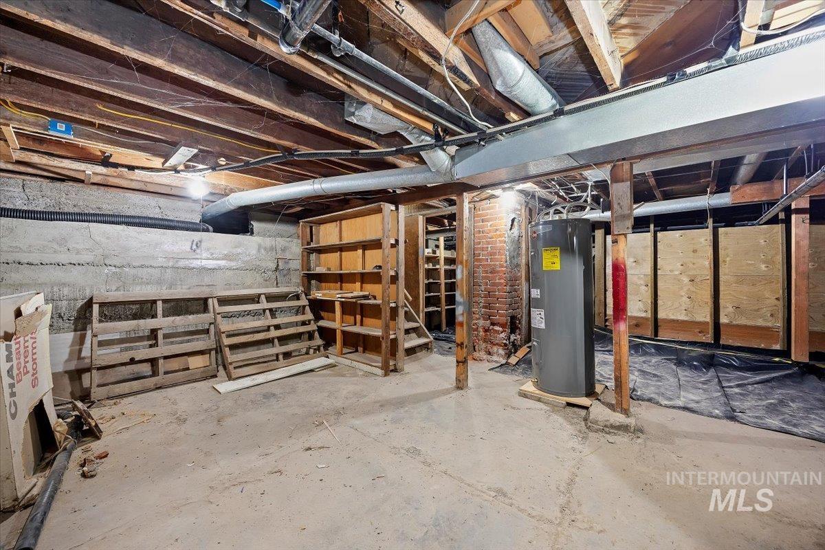 Unfinished basement with electric water heater