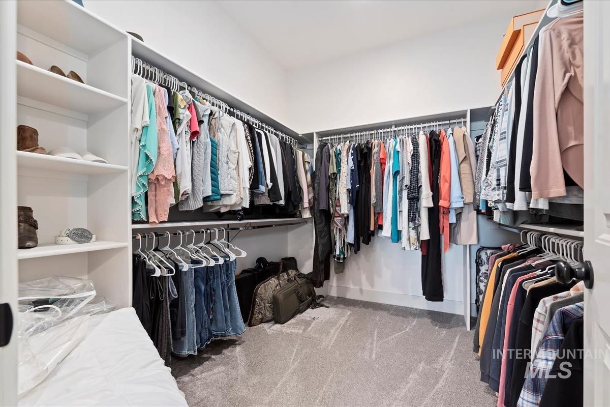Walk in closet featuring light carpet