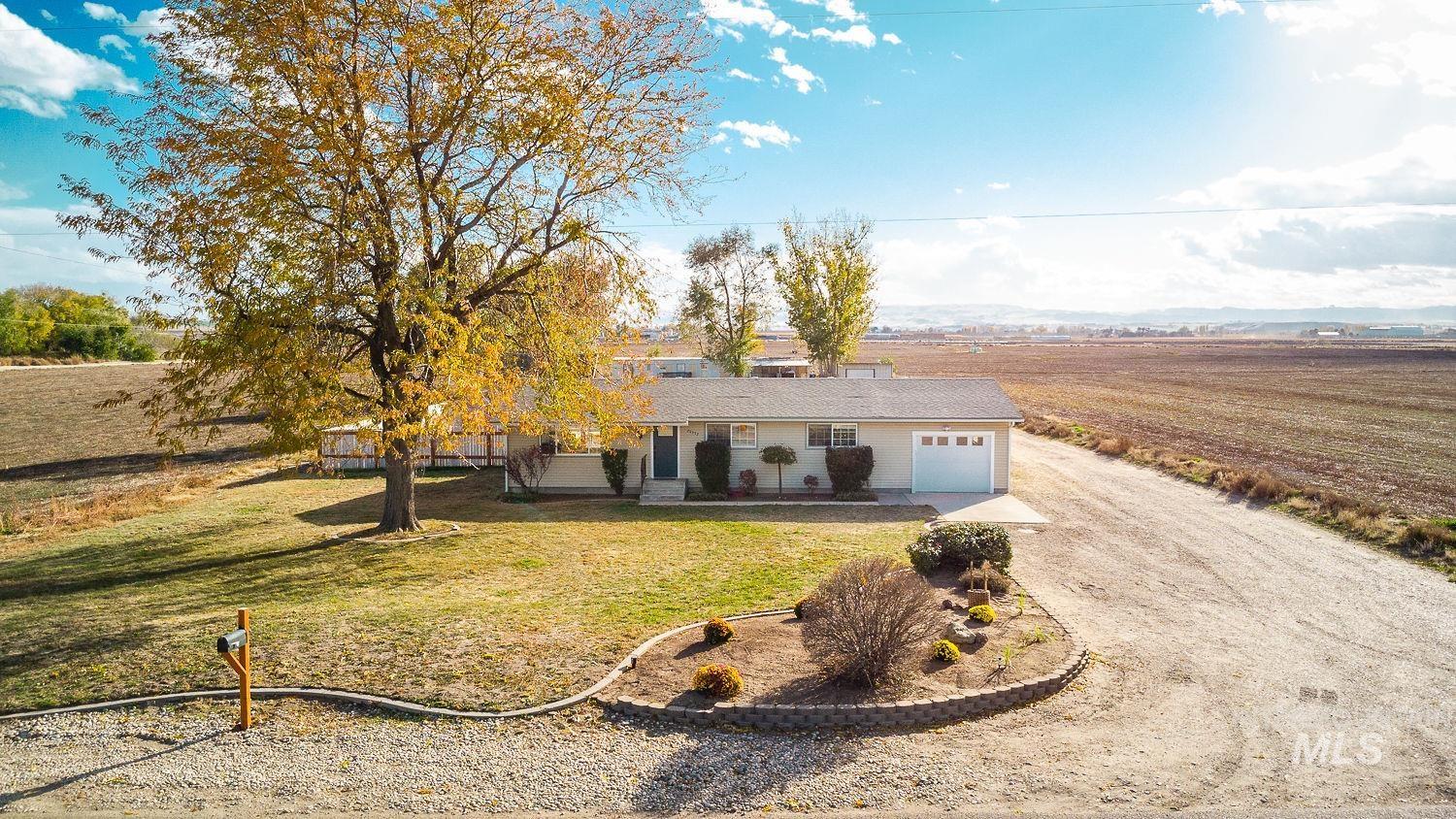 Ranch-style house with driveway, a front yard, a garage, and a patio