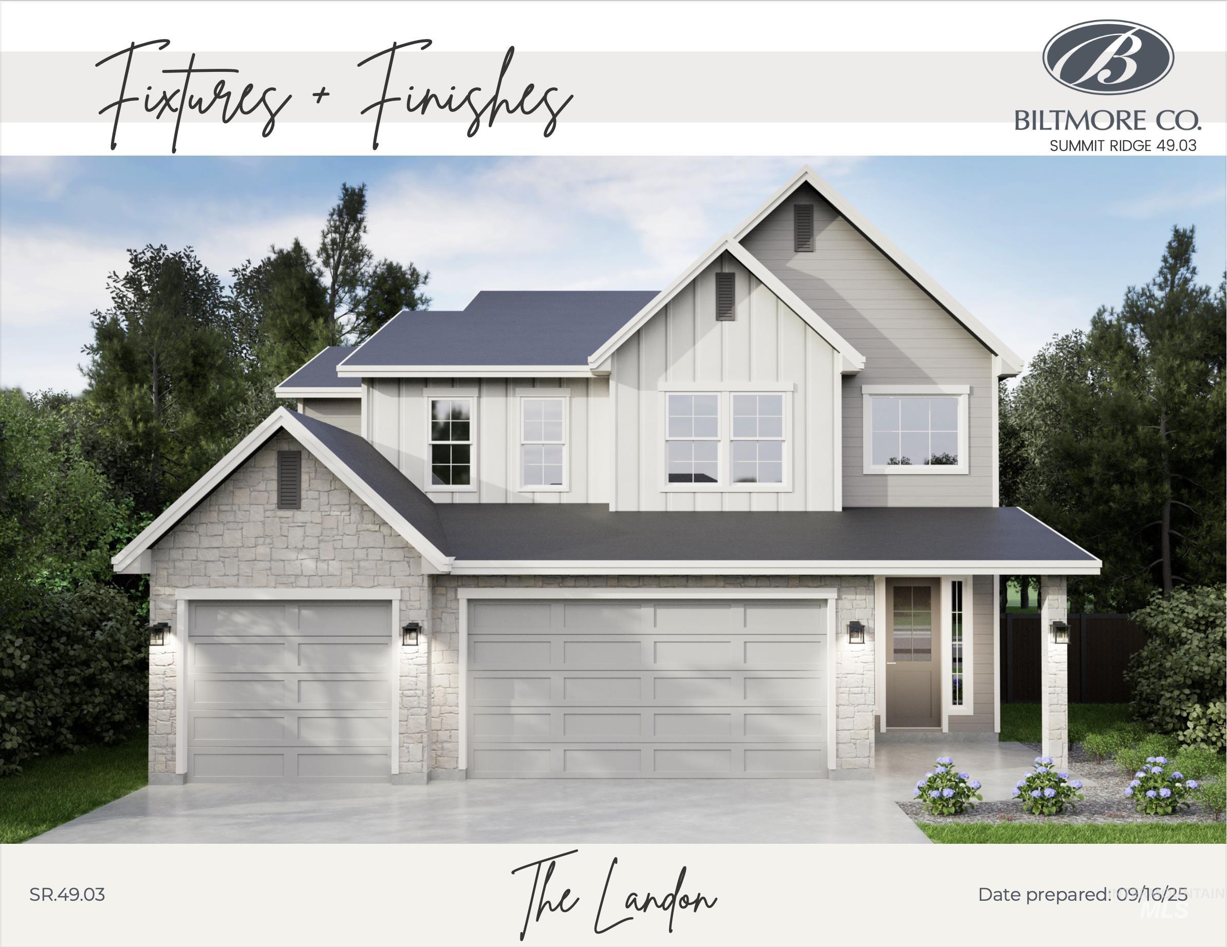 View of front of property featuring board and batten siding, stone siding, a garage, covered porch, and concrete driveway