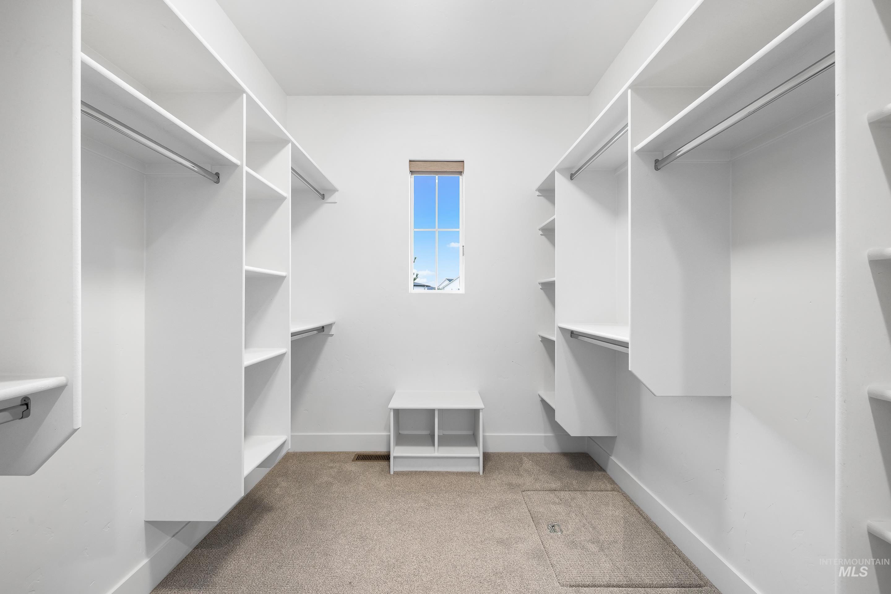 Walk in closet featuring light colored carpet