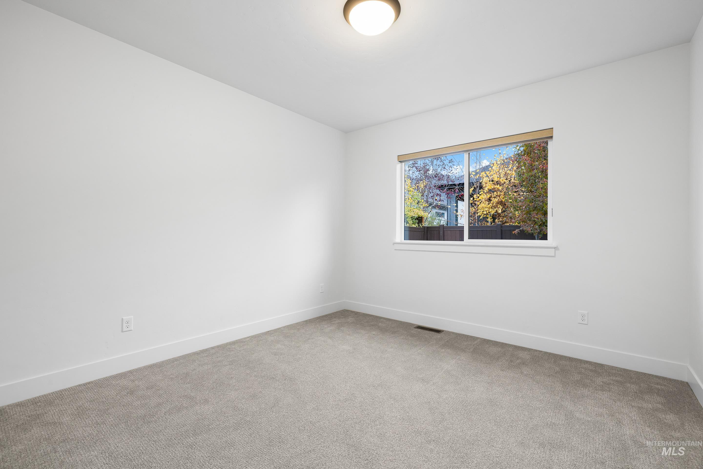 Spare room with light colored carpet and baseboards