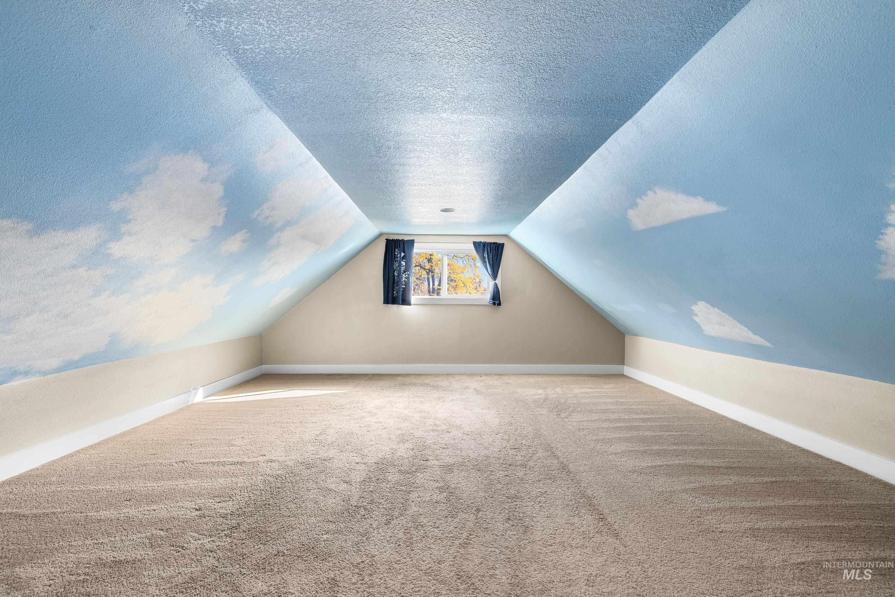 Bonus room featuring carpet, a textured ceiling, and lofted ceiling