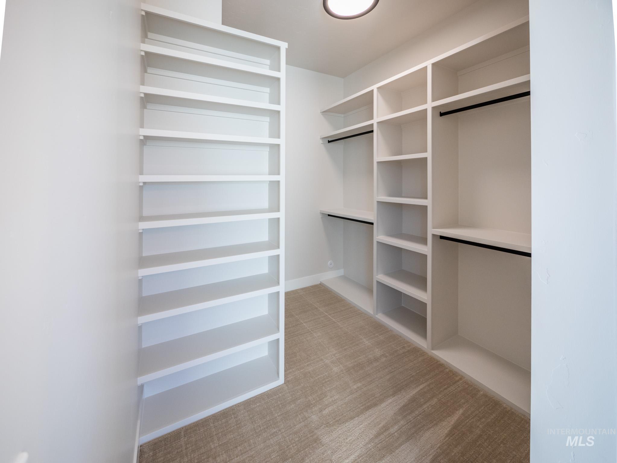 Spacious closet with light colored carpet