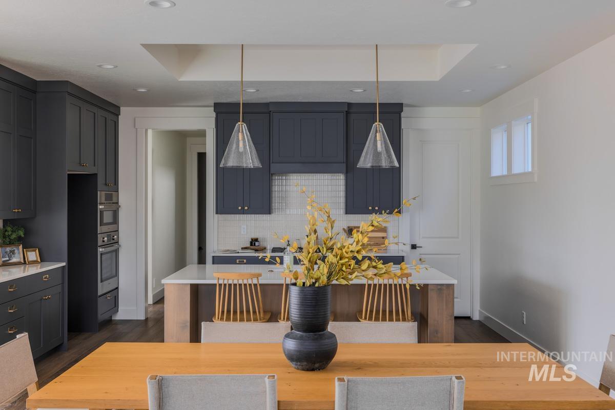 Kitchen with a center island with sink, a raised ceiling, dark wood-style floors, and recessed lighting