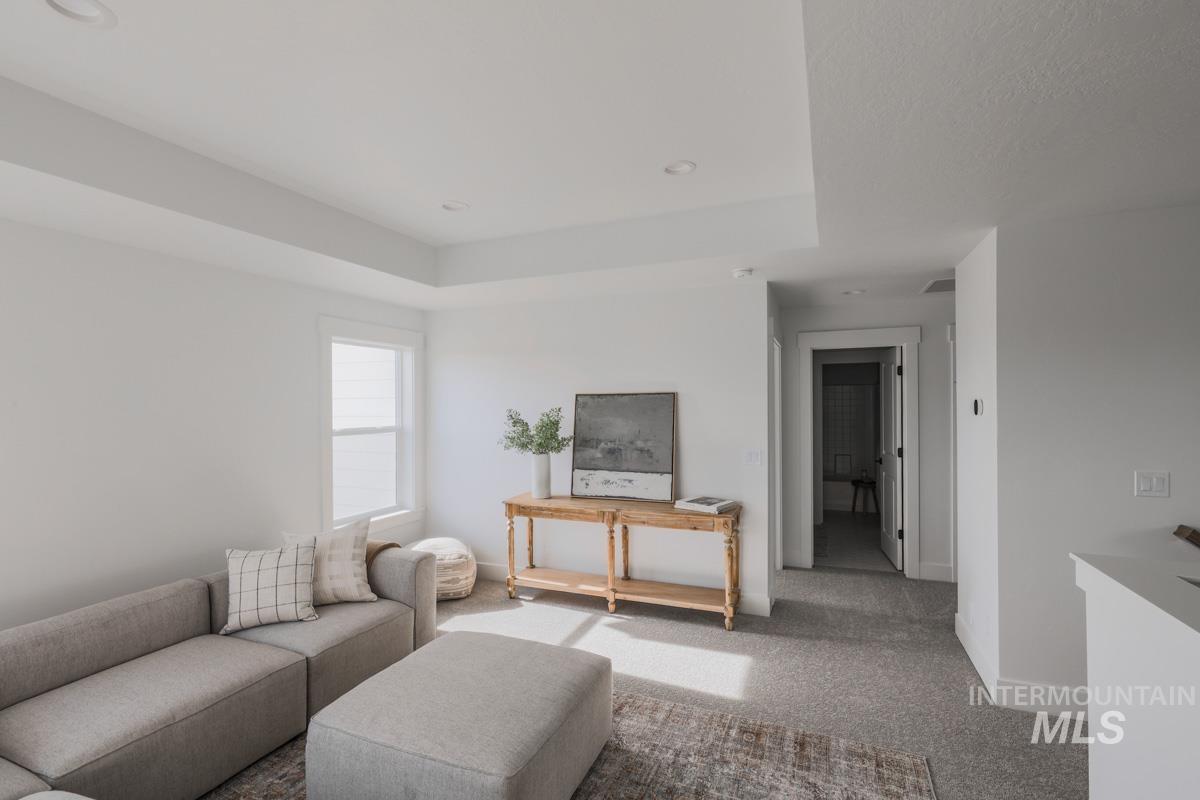 Carpeted living area featuring a tray ceiling