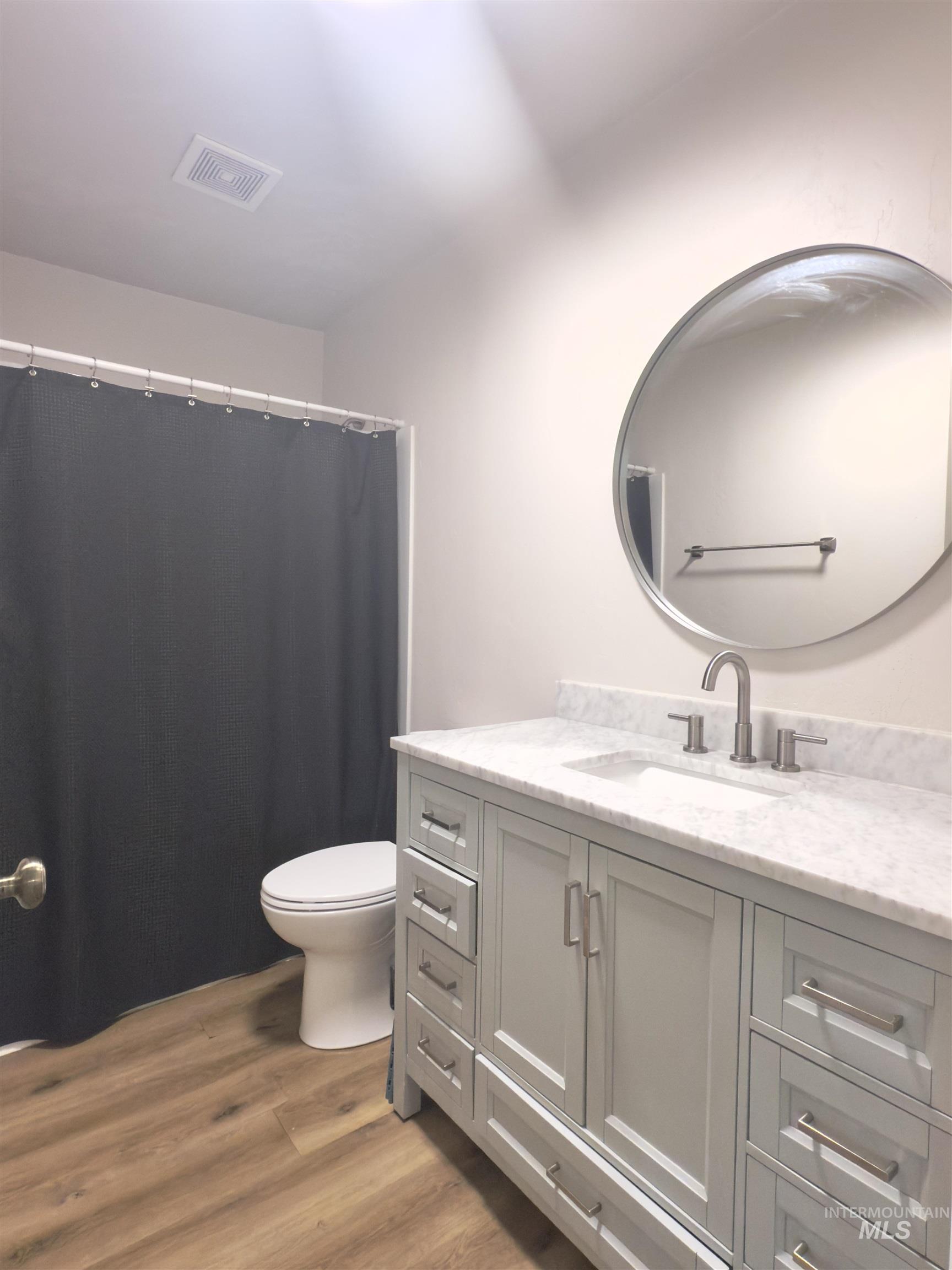 Full bath featuring vanity, light wood-style floors, and a shower with shower curtain