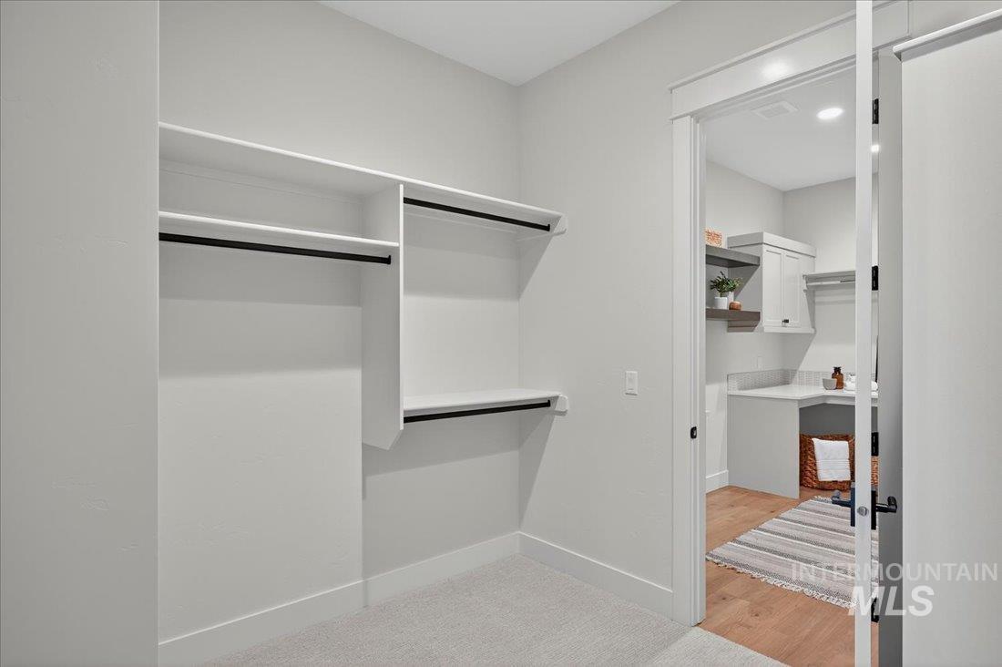 Walk in closet featuring light carpet and light wood-style flooring