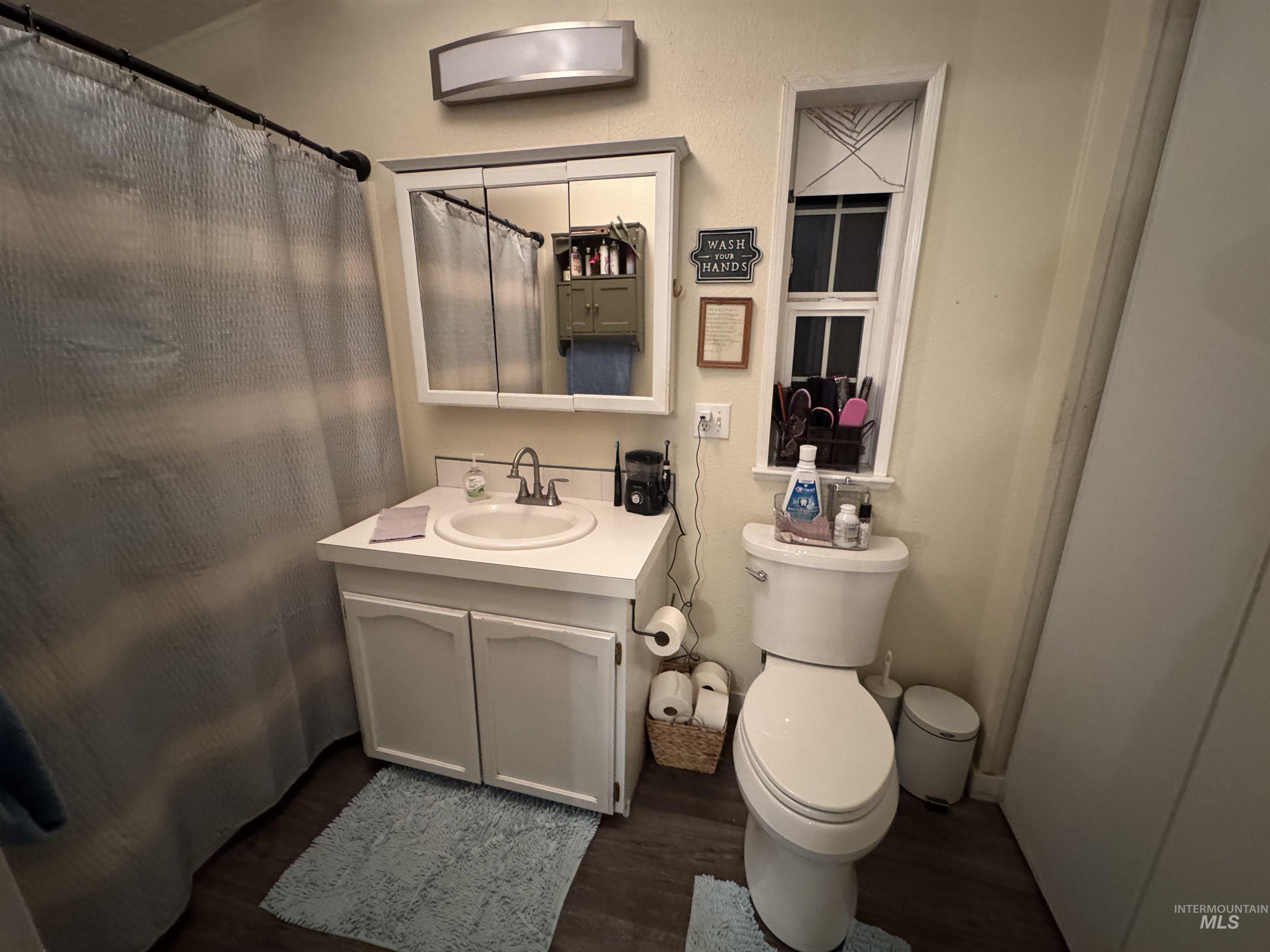 Bathroom with dark wood-type flooring, vanity, and a shower with shower curtain