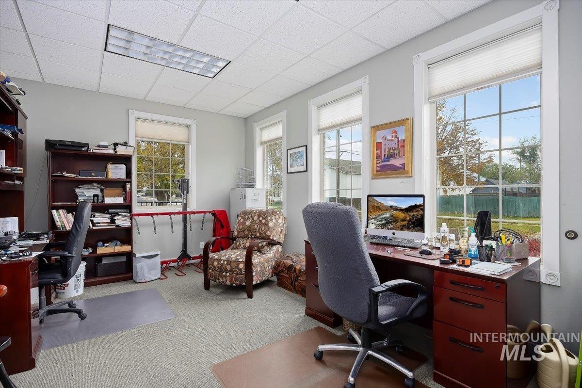 Office area featuring a paneled ceiling and light carpet
