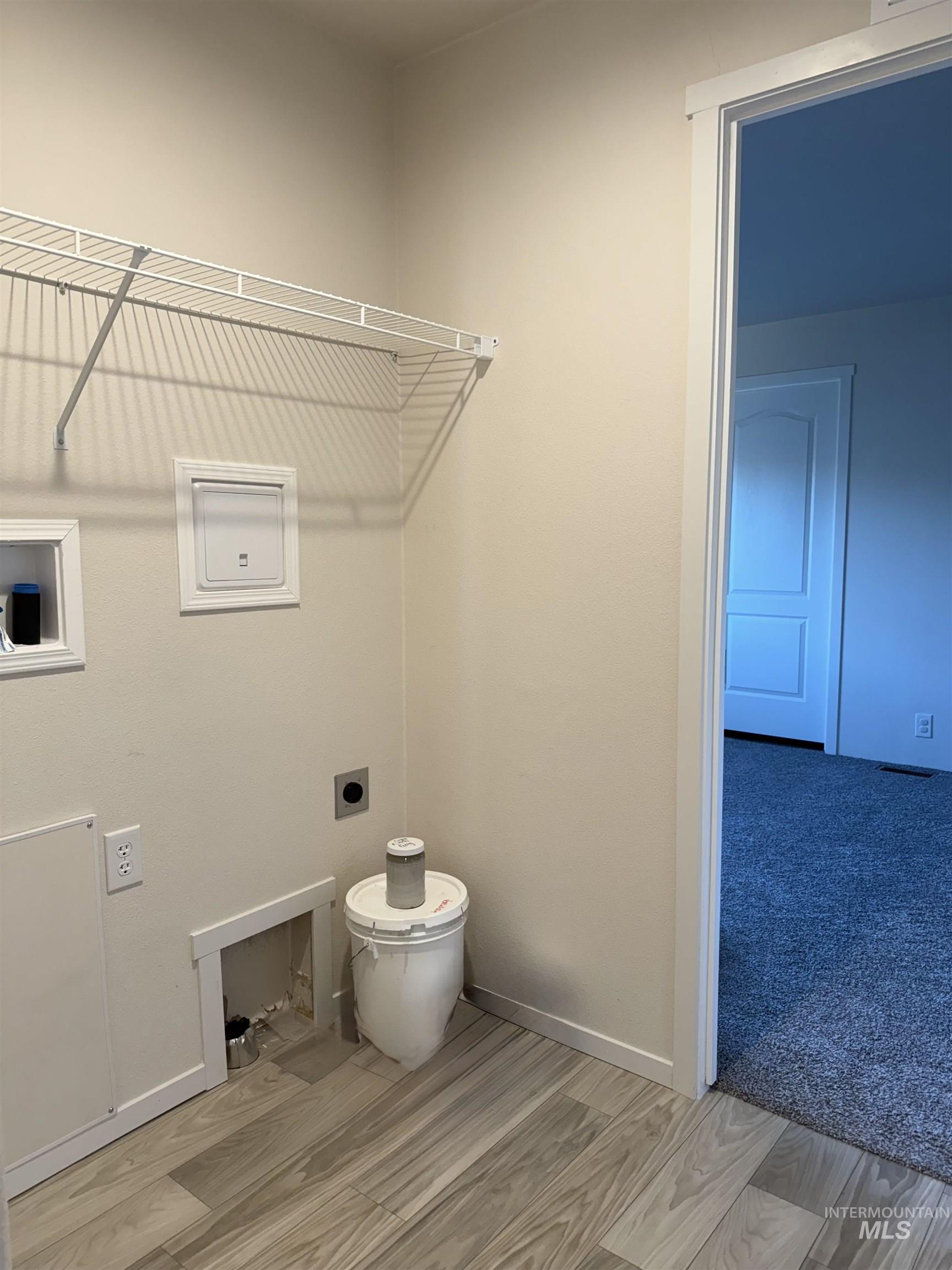 Laundry room with electric dryer hookup, hookup for a washing machine, and light carpet