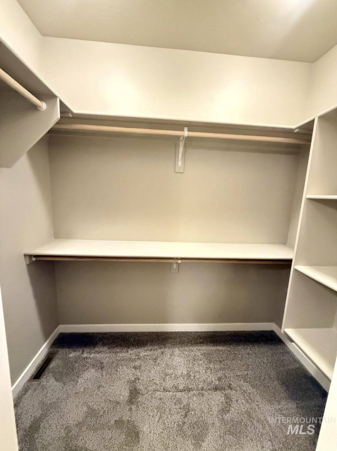 Walk in closet featuring dark colored carpet