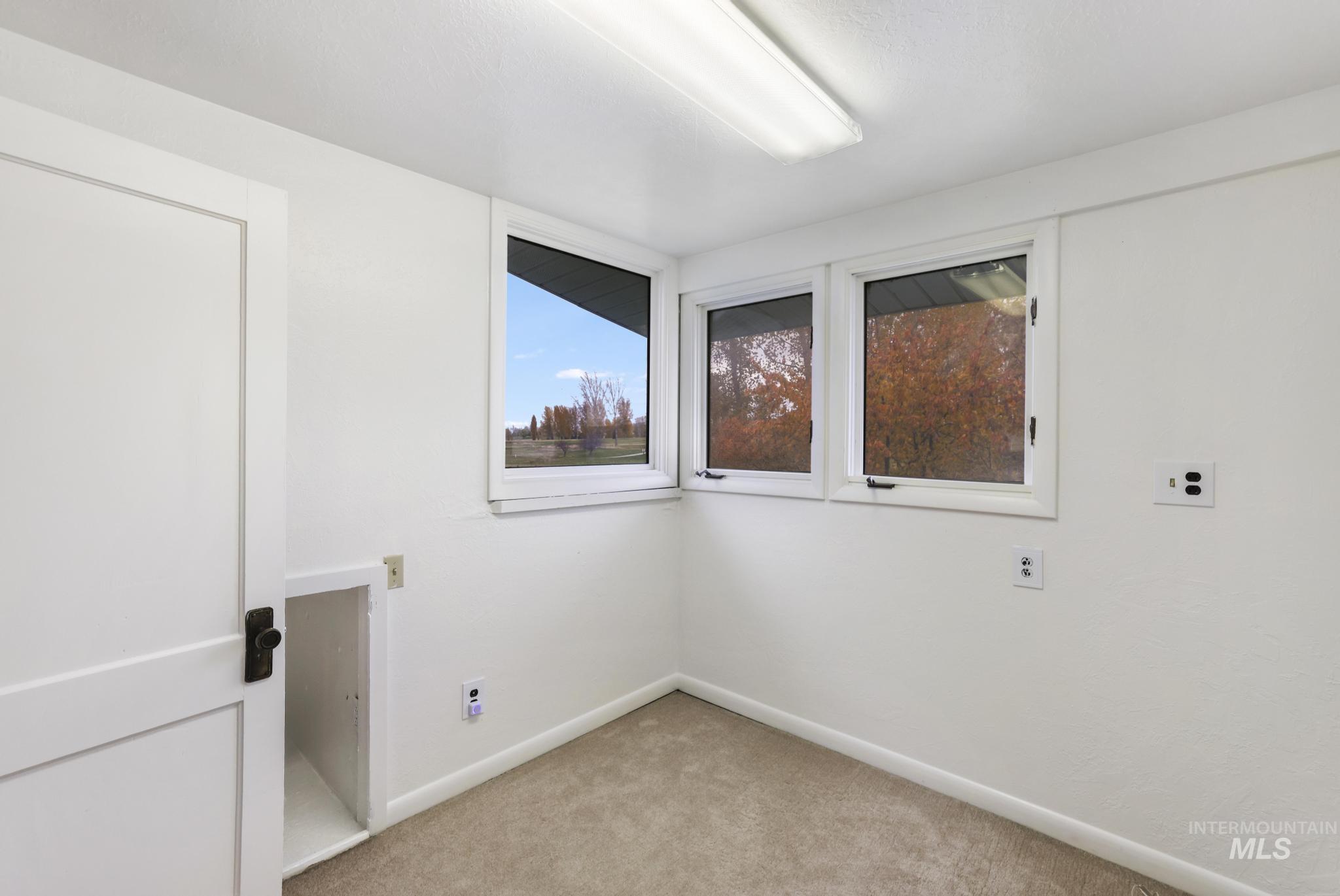 Spare room with light colored carpet and baseboards