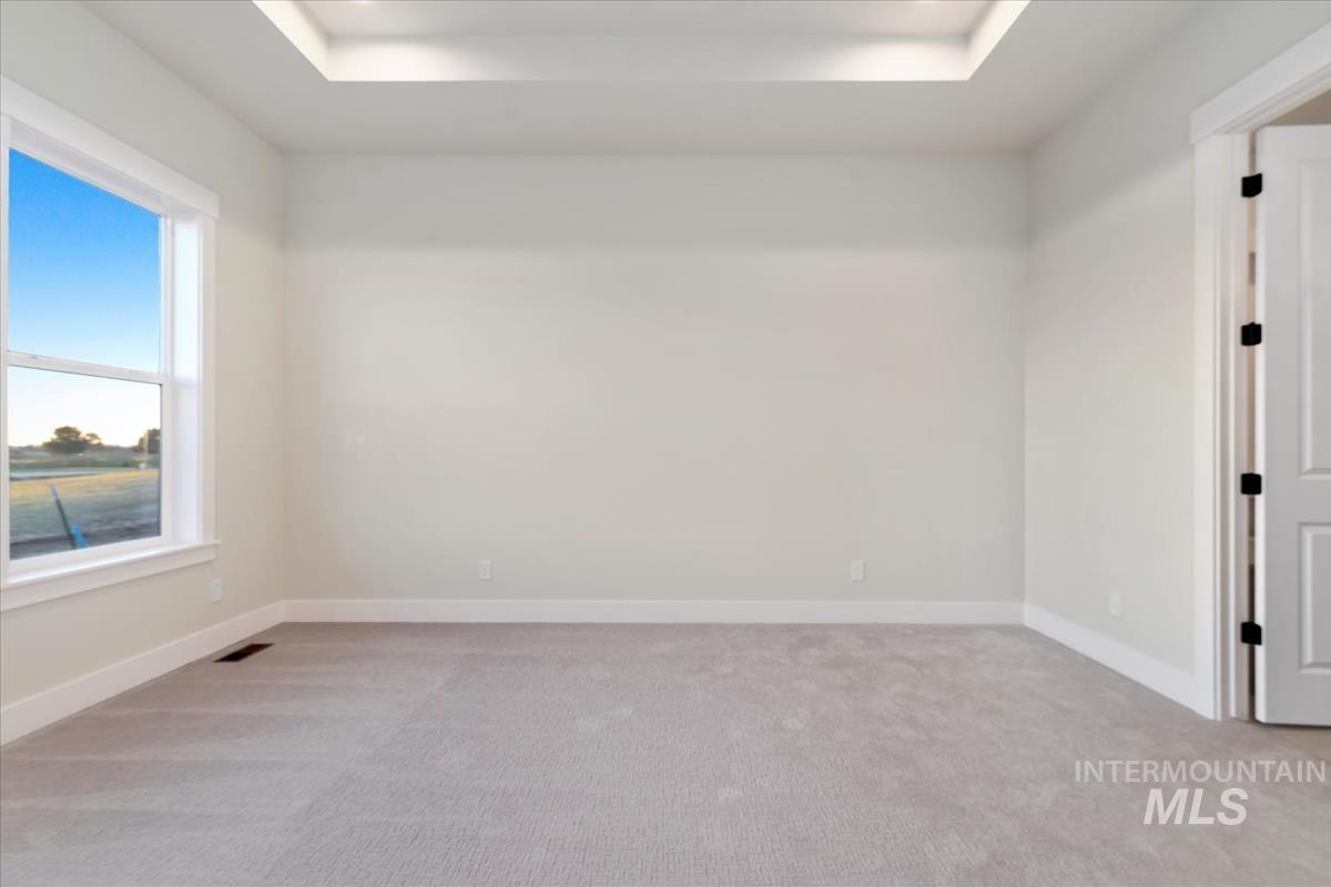Unfurnished room featuring a raised ceiling and light carpet