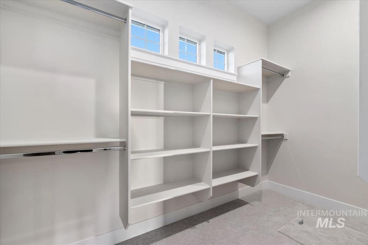 Walk in closet featuring light carpet