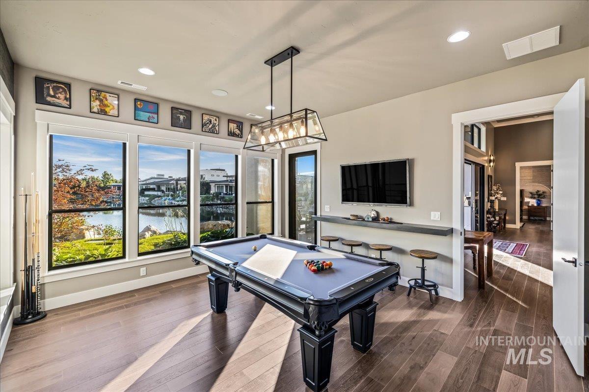 Playroom with billiards, recessed lighting, and dark wood-type flooring