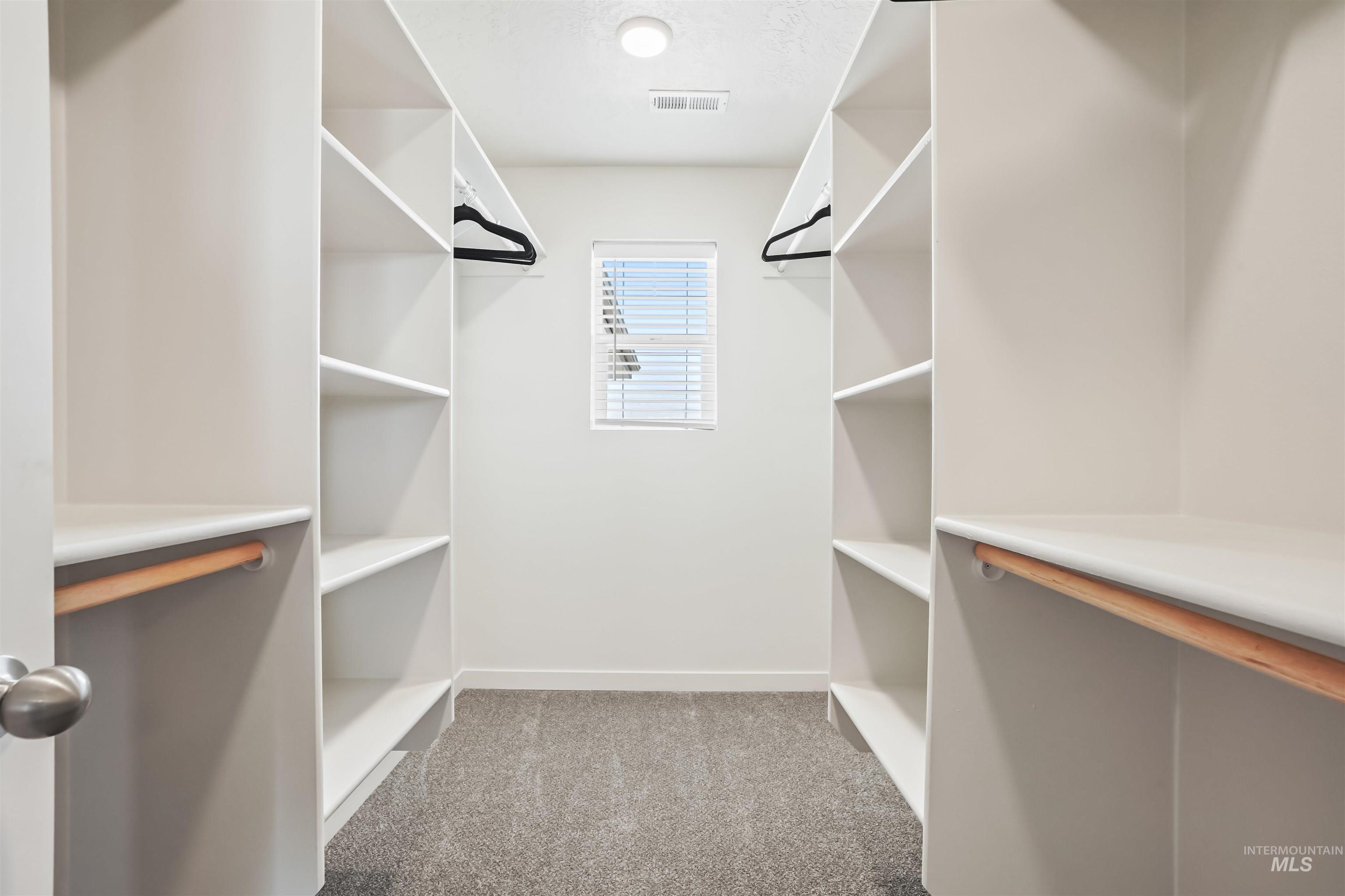 Walk in closet featuring light carpet