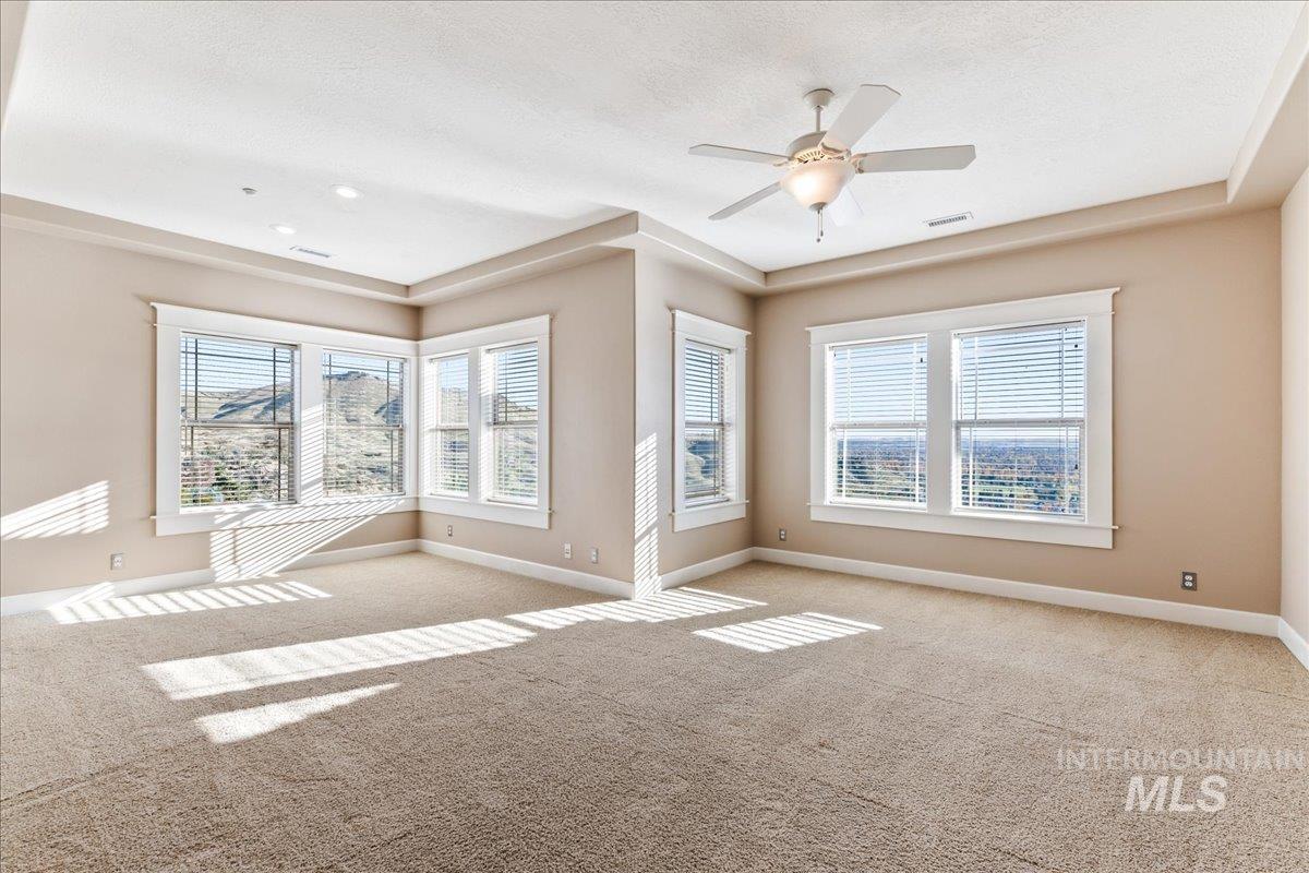 Carpeted spare room with healthy amount of natural light, ceiling fan, and a textured ceiling